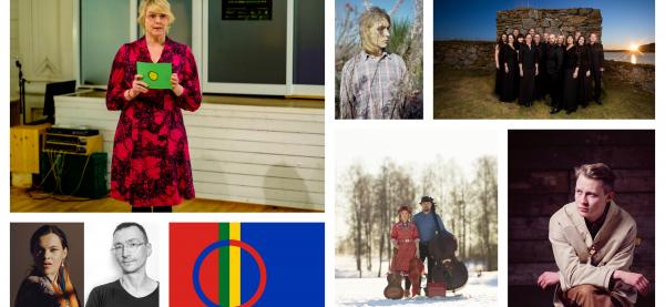 Festspilldirektøren har denne uken sluppet deler av festspillprogrammet i forbindelse med den samiske nasjonaldagen. Her ser vi festspilldirektør Ragnheidur Skuladottir, Hildá & Tuomas, Niilas, Vokal nord, Arvvas og Emil Kárlsen.